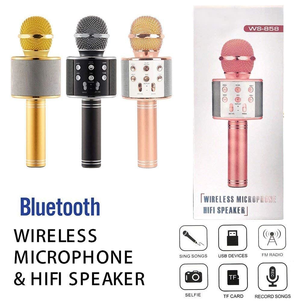 WS 858 Wireless Bluetooth Microphone for Kids with Led Light Player Speaker  2-in1 Recording USB+FM